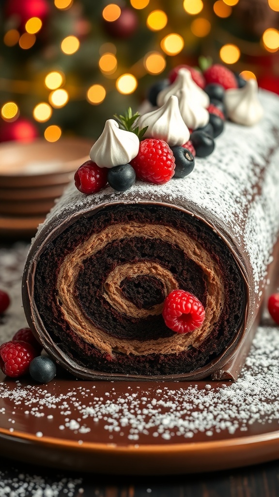 Chocolate Yule Log Cake Recipe A festive chocolate Yule log cake decorated with powdered sugar, berries, and meringue mushrooms.